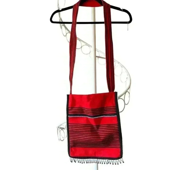 Handmade Women's Red & Black Striped Shoulder Bag Boho Hippie Style - Picture 1 of 5